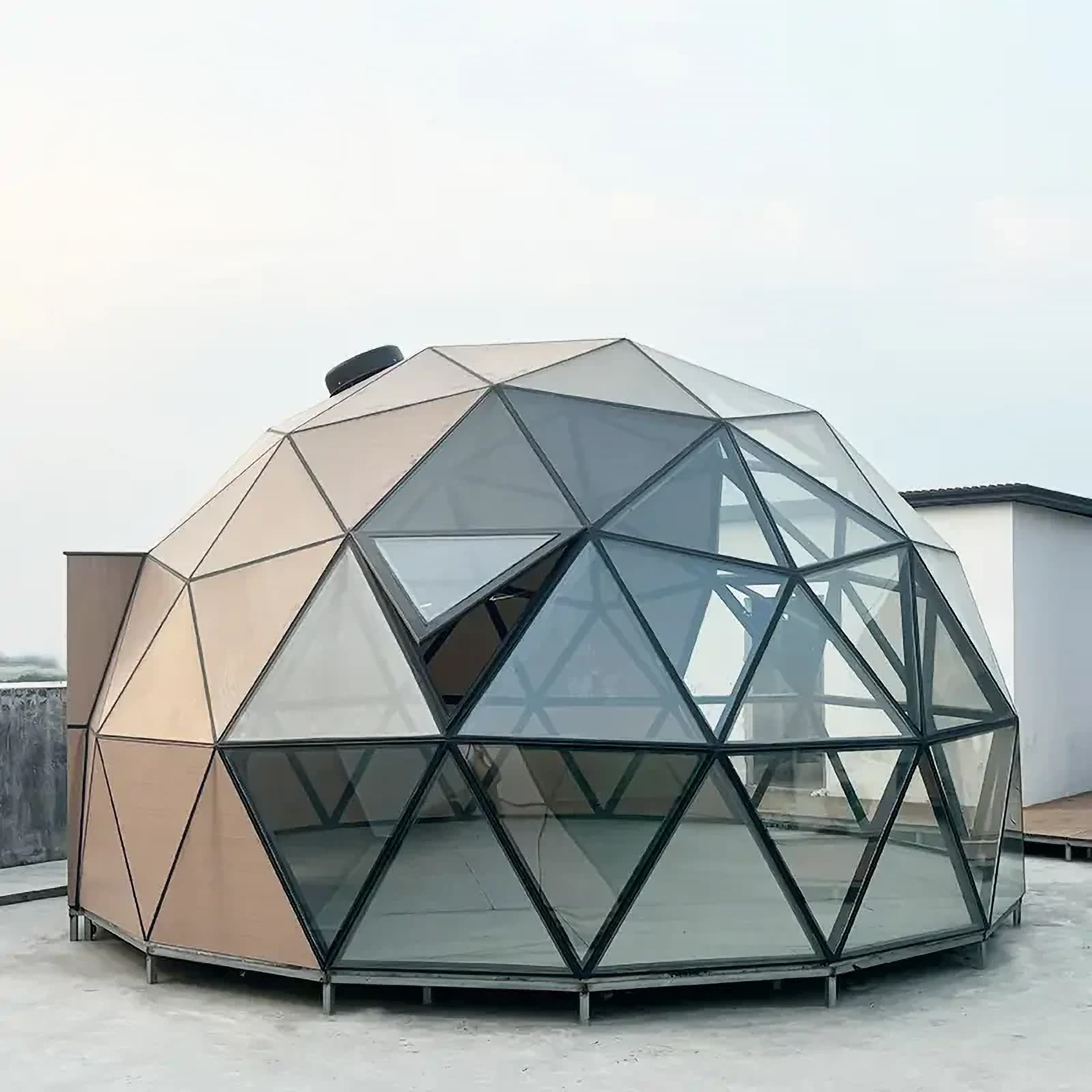 Tetra Hybrid dome with glass and wood-grain panels