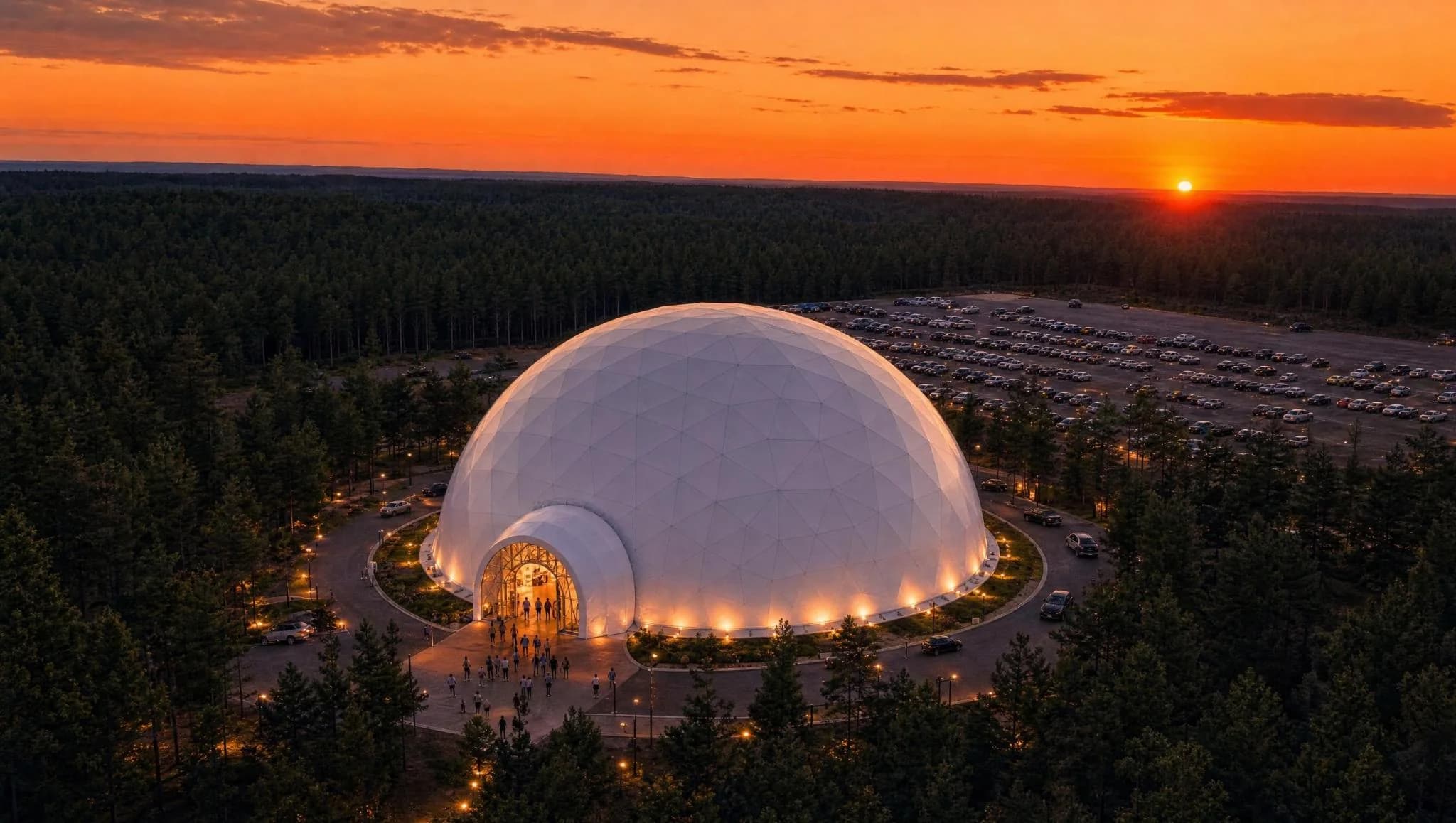 Aerial view of a large white geodesic event dome glowing at sunset in a forest clearing, guests arriving at the lit entrance