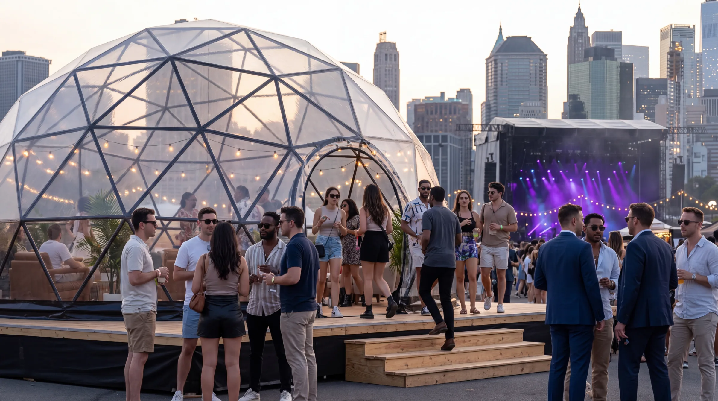 Event dome lounge on a deck at a city festival with the skyline behind