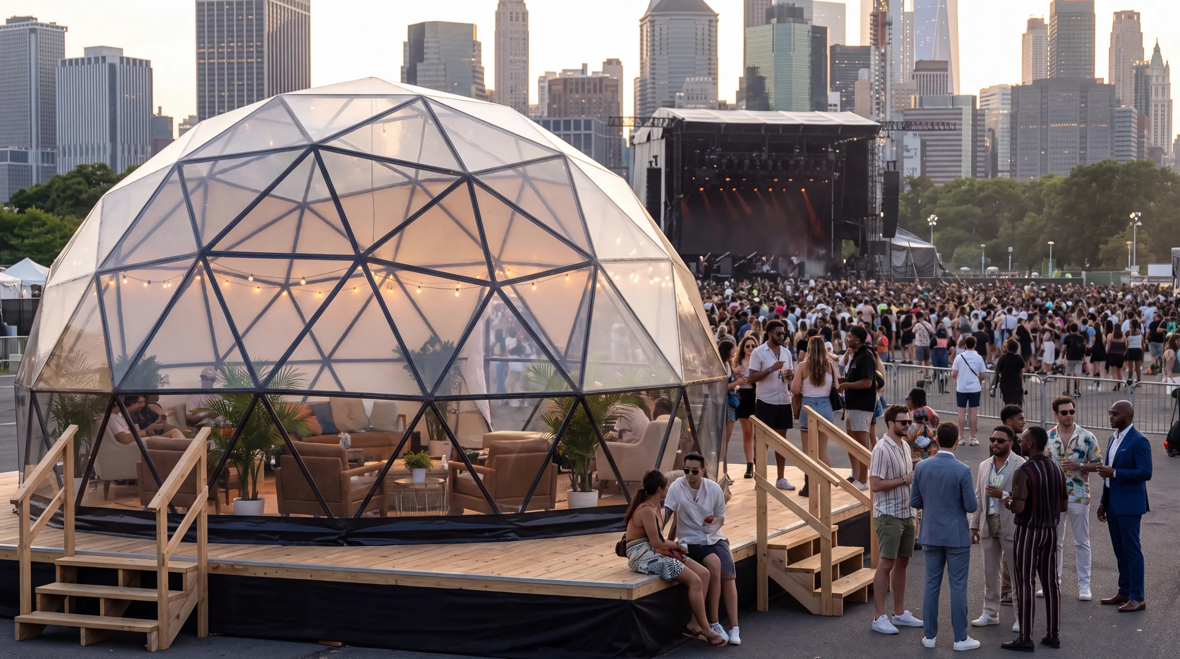 Event dome lounge on a deck at a city festival