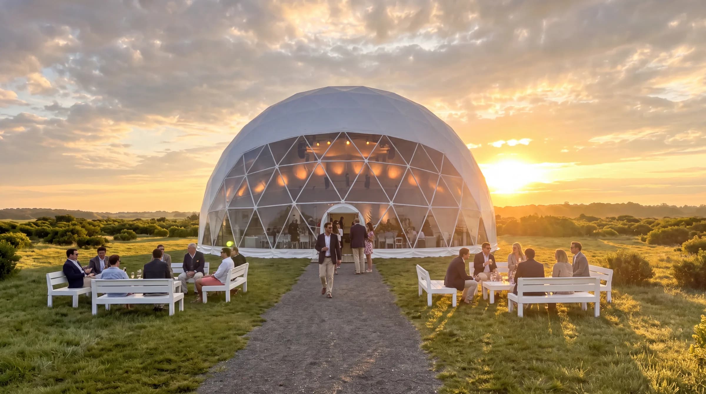 Large event dome at sunset with guests seated outside