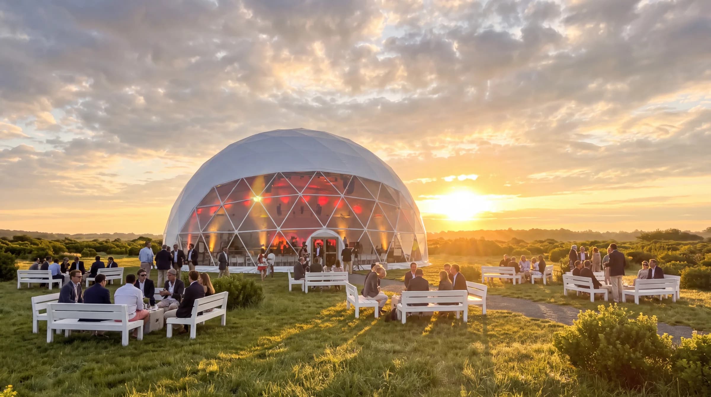 Event dome at sunset with guests seated outside