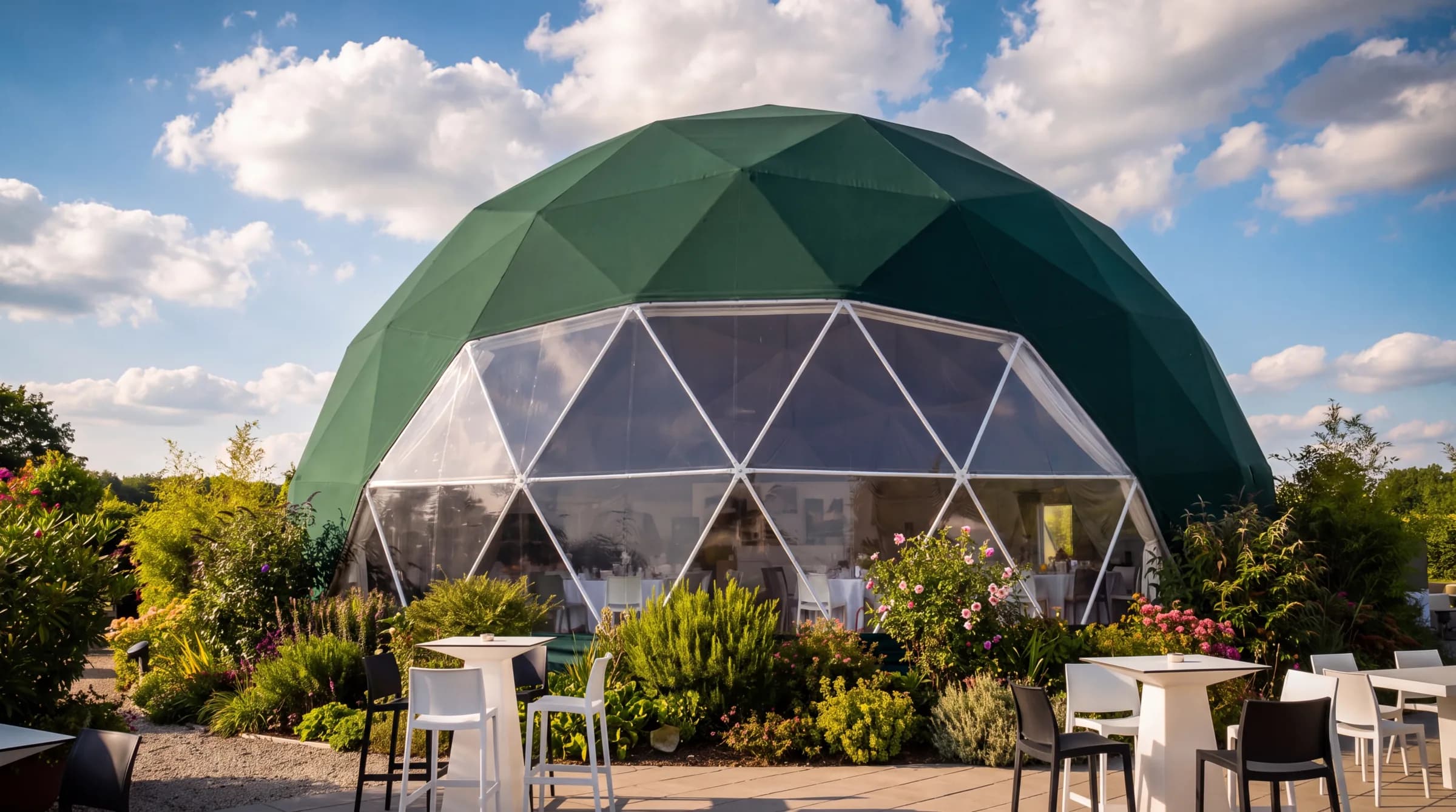 Geodesic event dome with a green top and clear lower panels in a garden, with outdoor tables