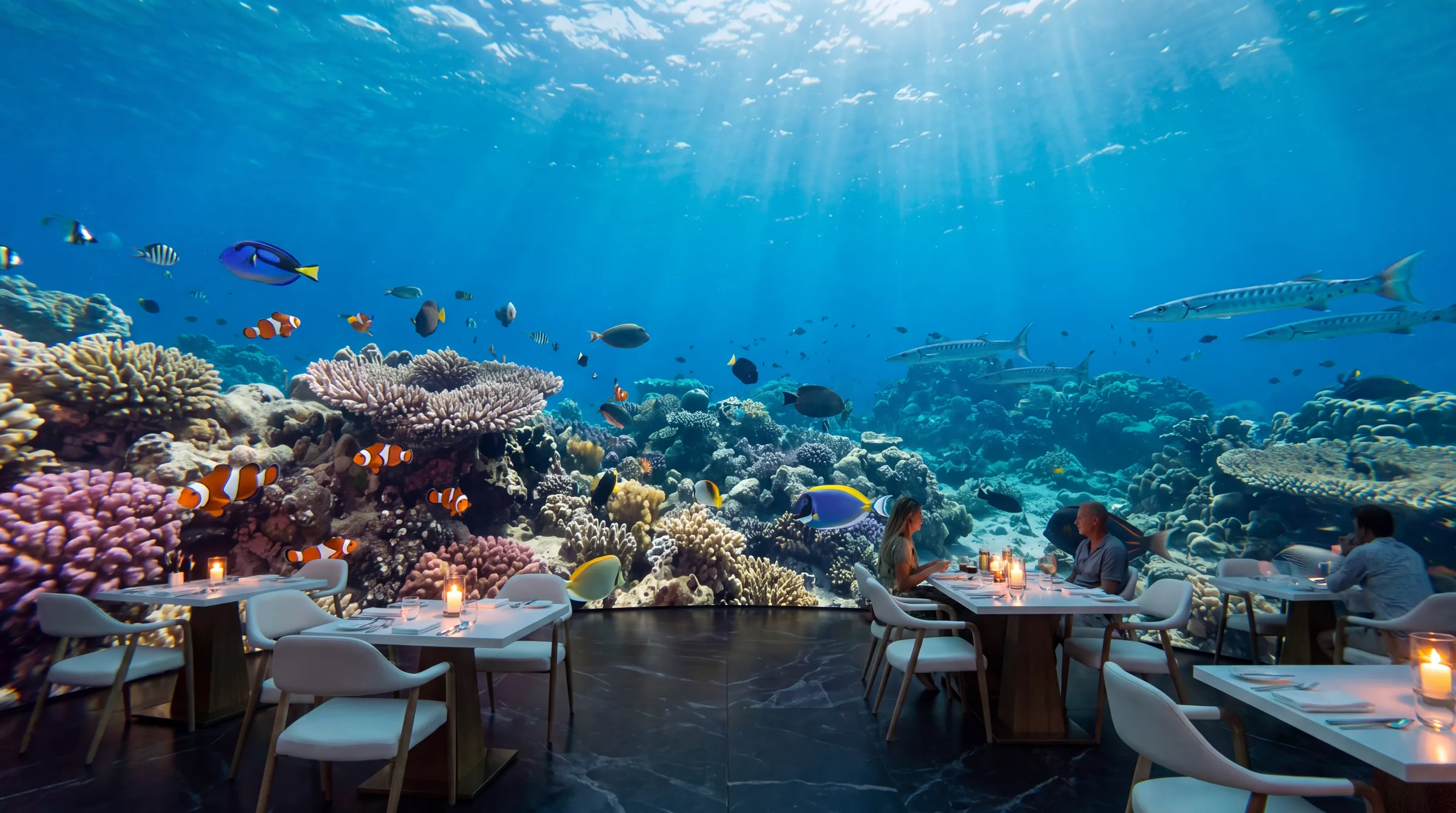 Guests dining inside a projection dome with an underwater scene projected around them