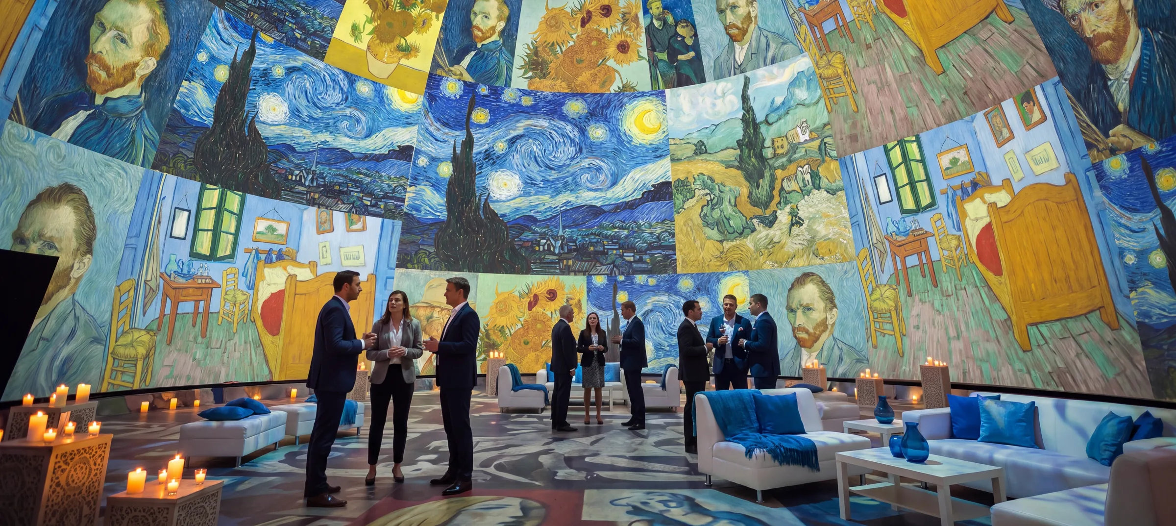 Guests meeting inside a projection dome with classic paintings projected across the entire interior