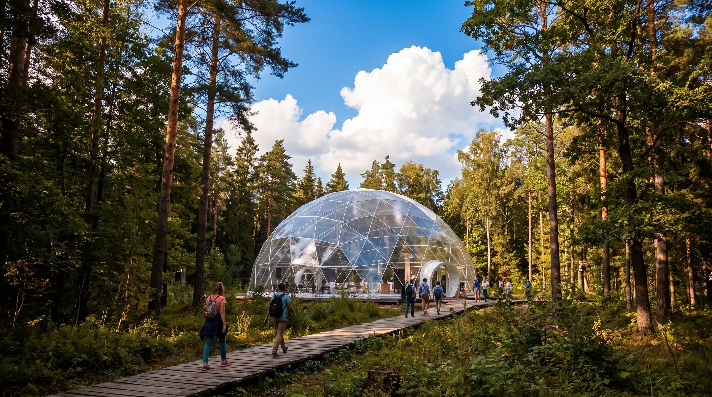 Installed geodesic event dome in a woodland clearing with guests walking up the path