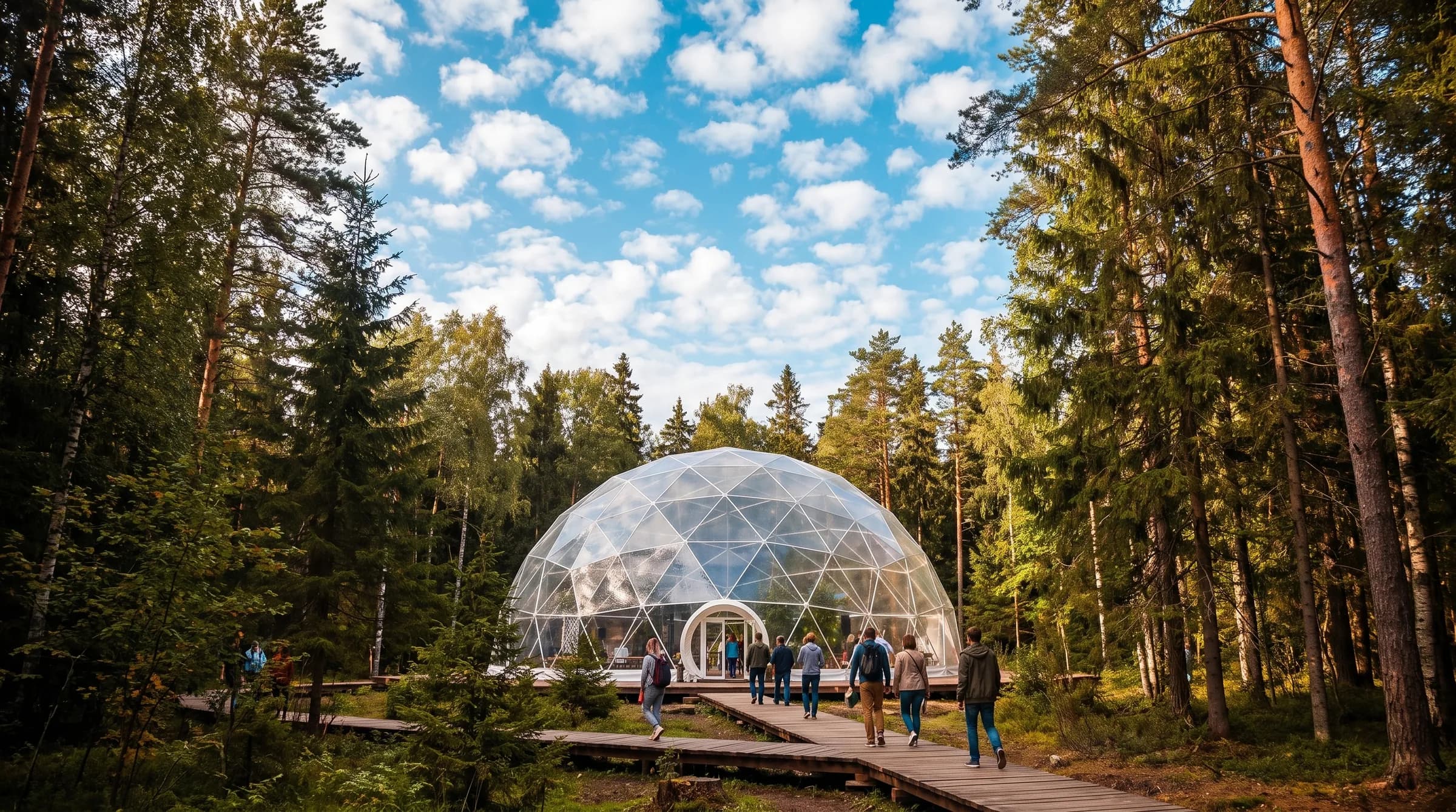 Geodesic event dome in a woodland clearing with guests arriving