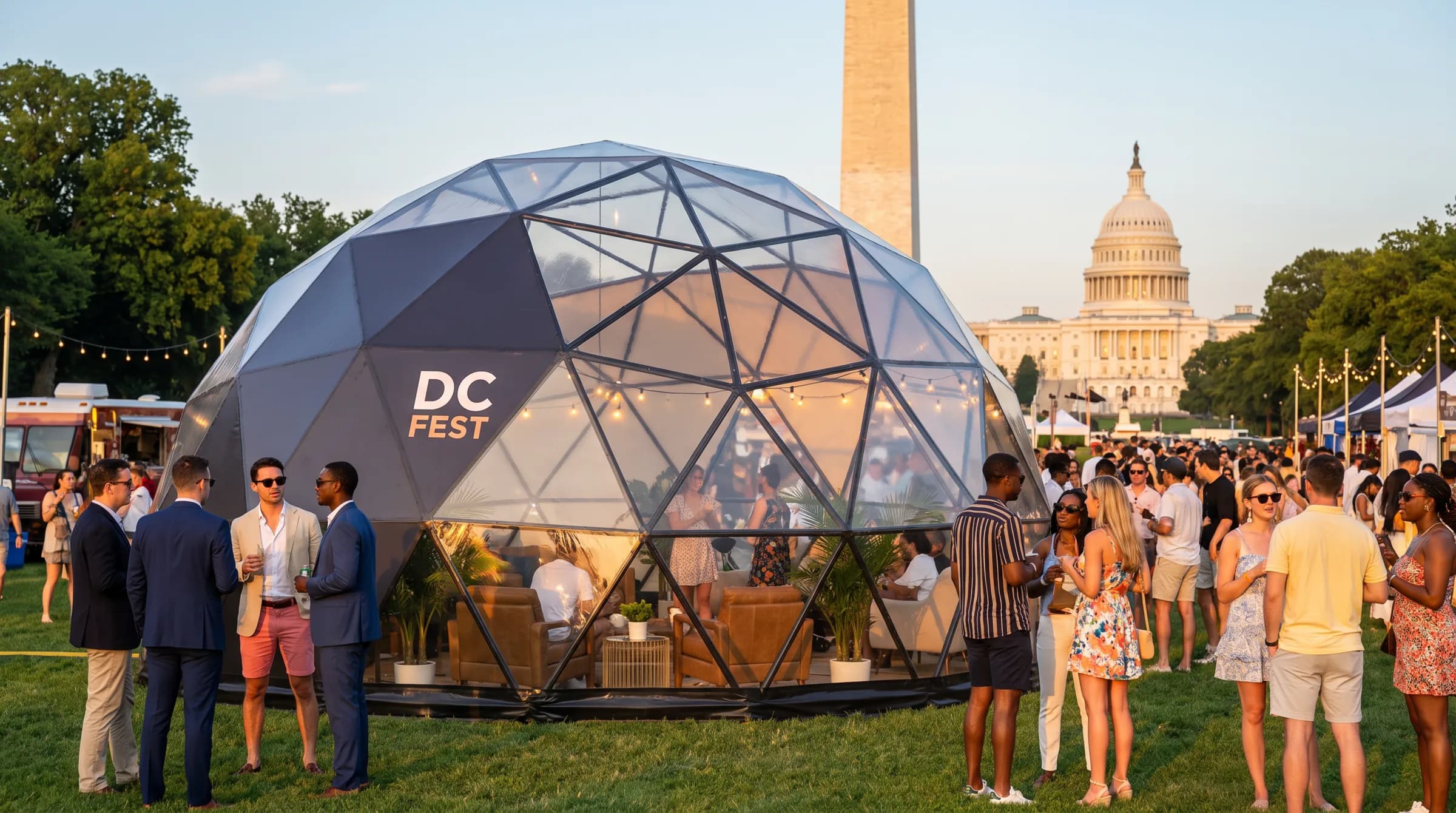 Branded geodesic event dome hosting a festival crowd on the National Mall with the Capitol behind