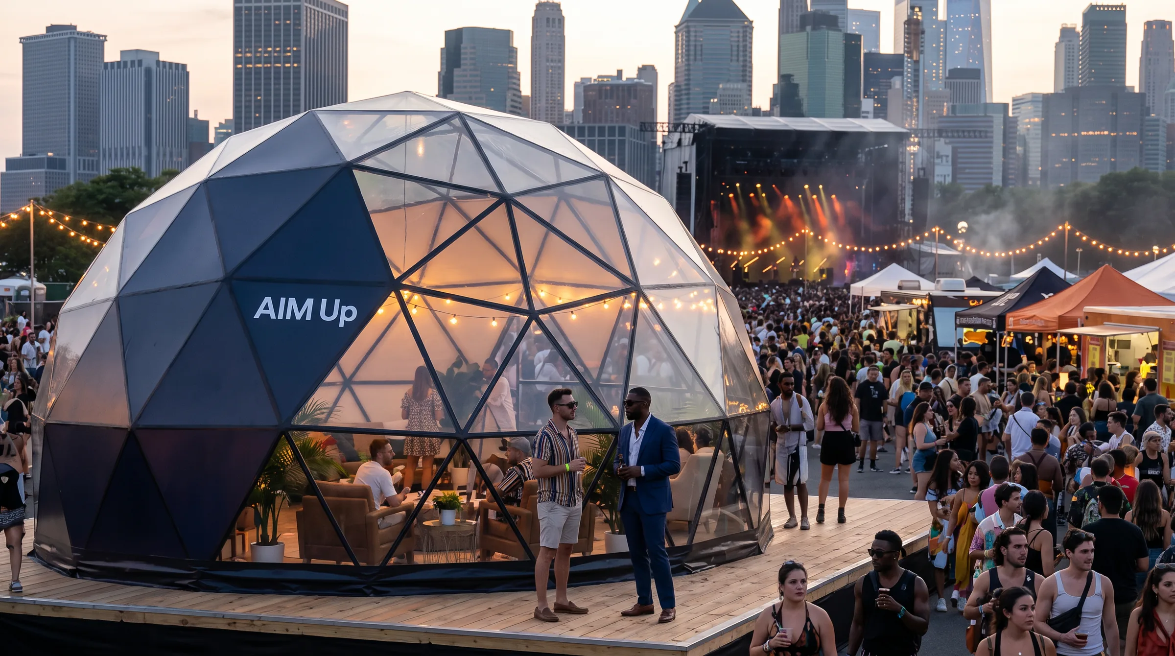 Branded event dome drawing a crowd at a city festival