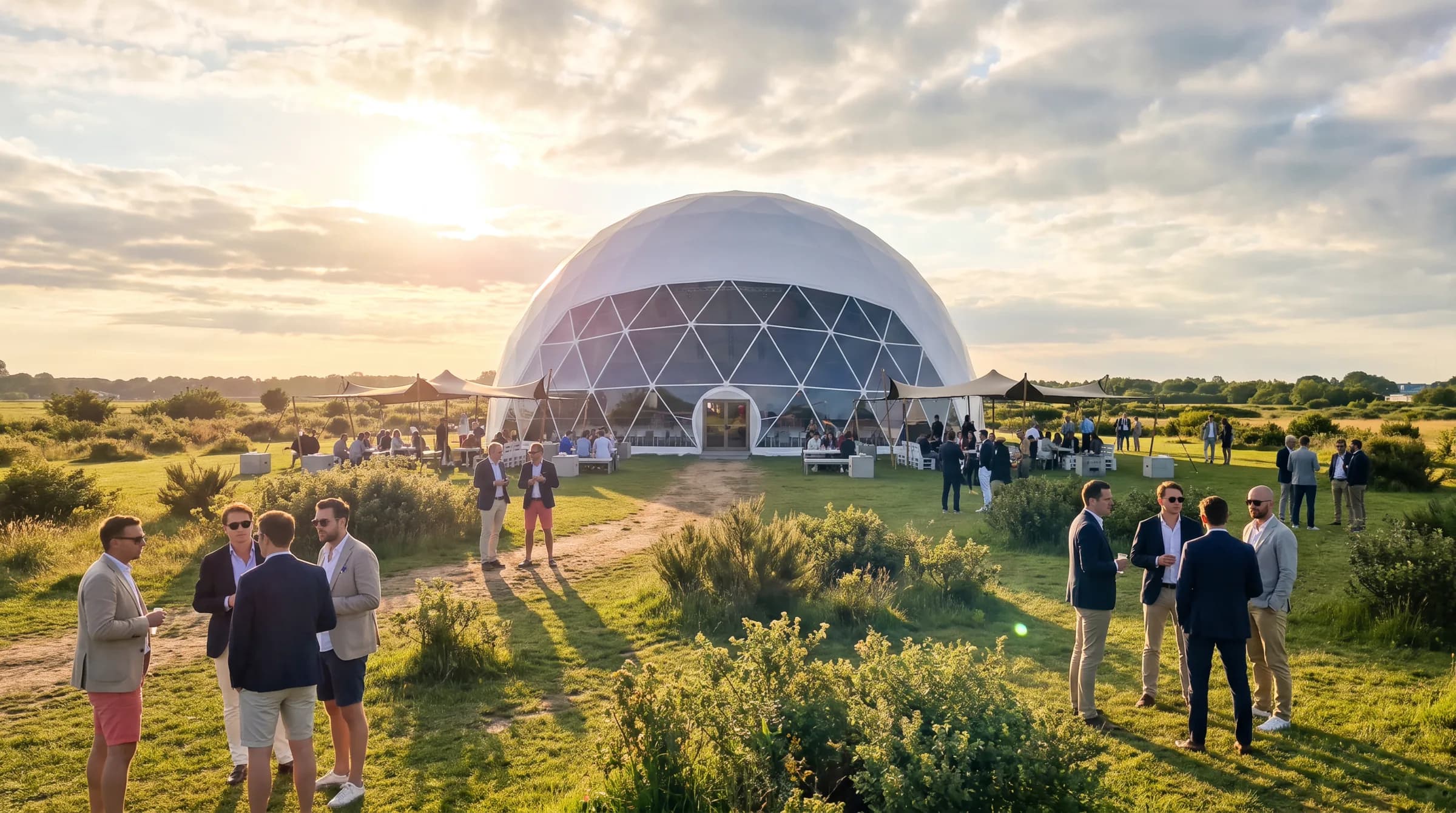 Large white event dome at golden hour with wedding guests outside