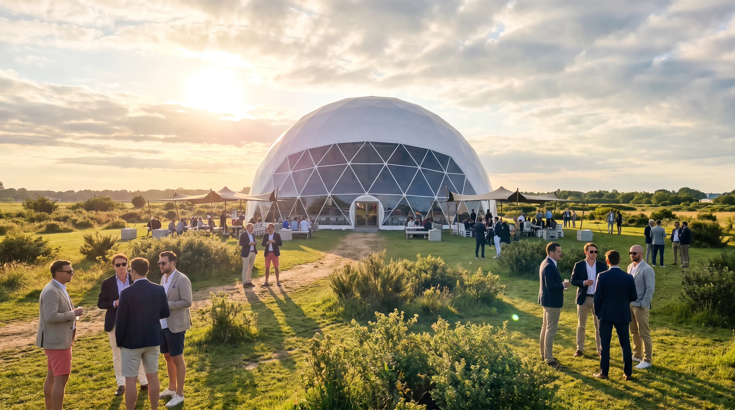 Large white geodesic dome at golden hour with guests gathered on the lawn outside