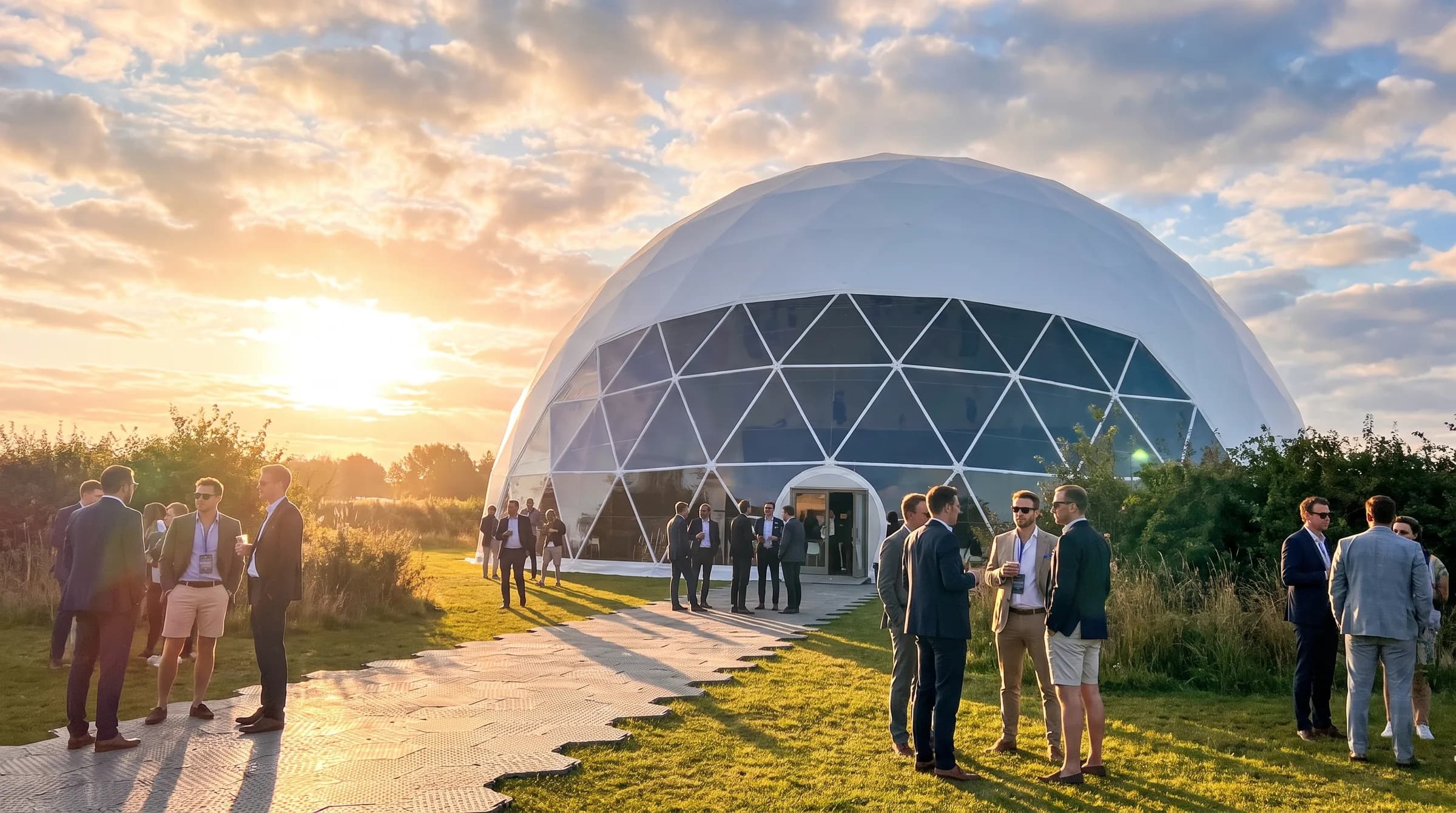 Large white event dome at golden hour with guests gathered outside
