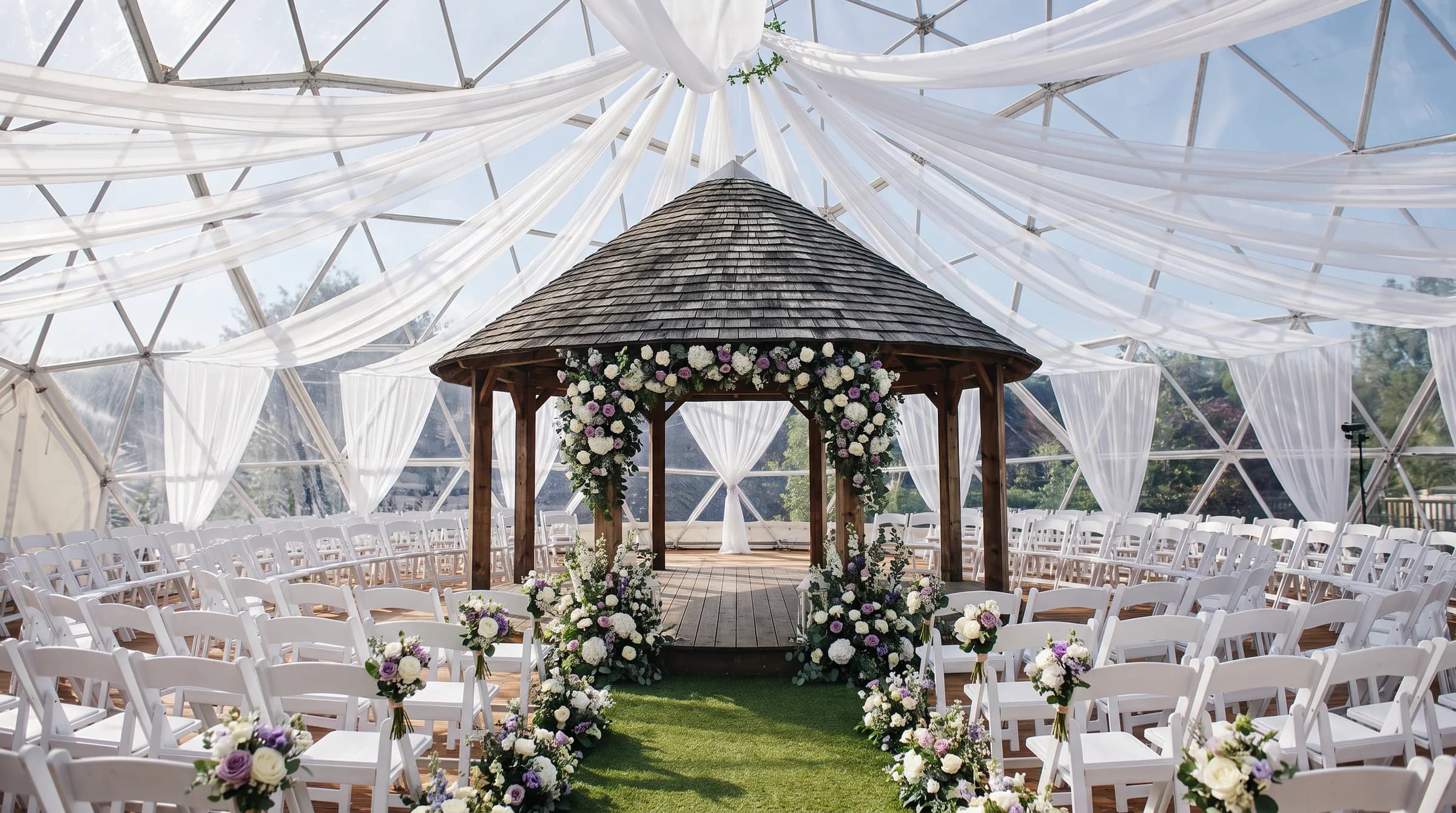 Wedding ceremony set under a clear geodesic dome with white draping, a wooden gazebo, florals, and rows of white chairs