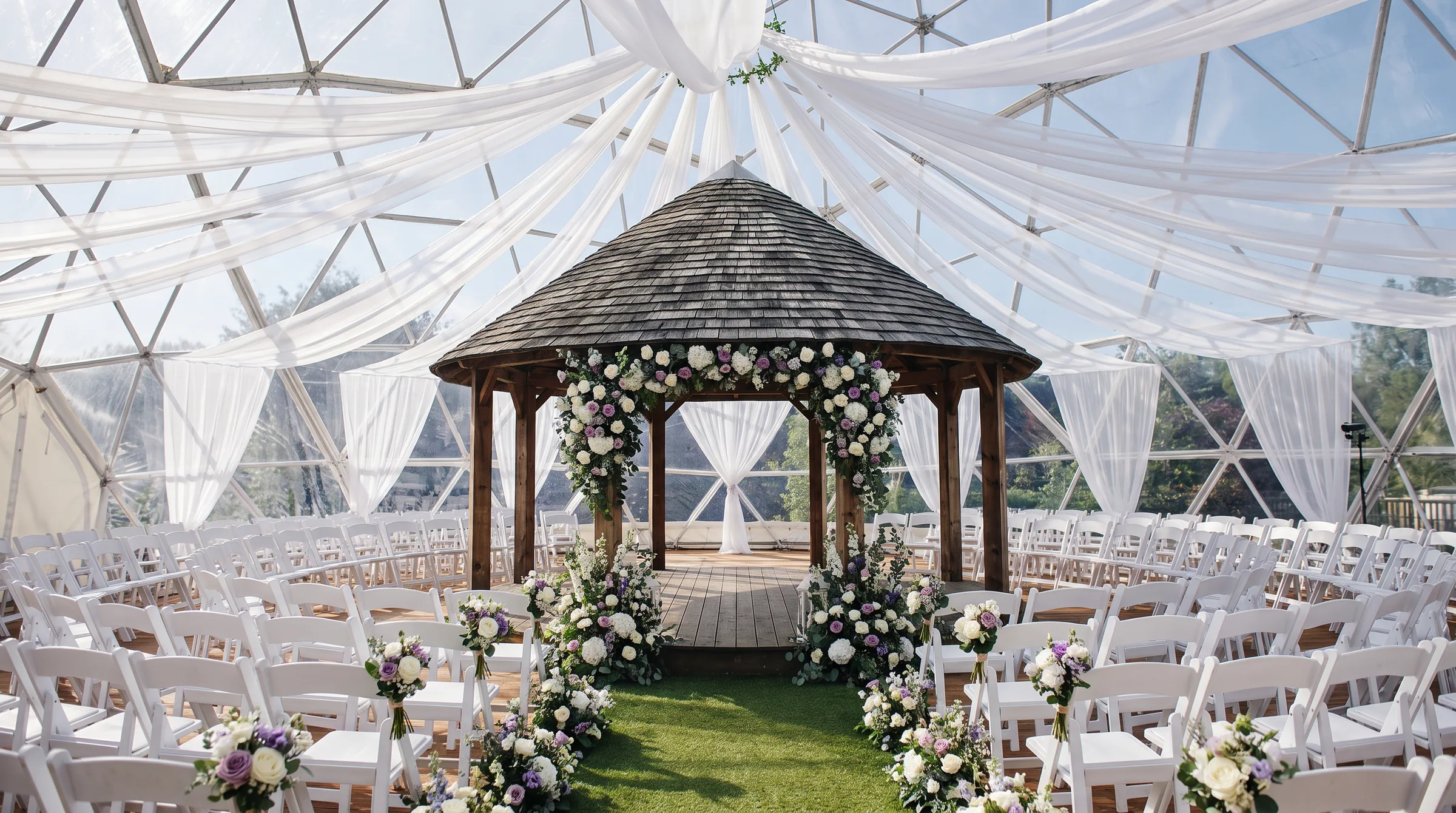 Wedding ceremony set under a clear geodesic dome with white draping, a wooden gazebo, florals, and rows of white chairs