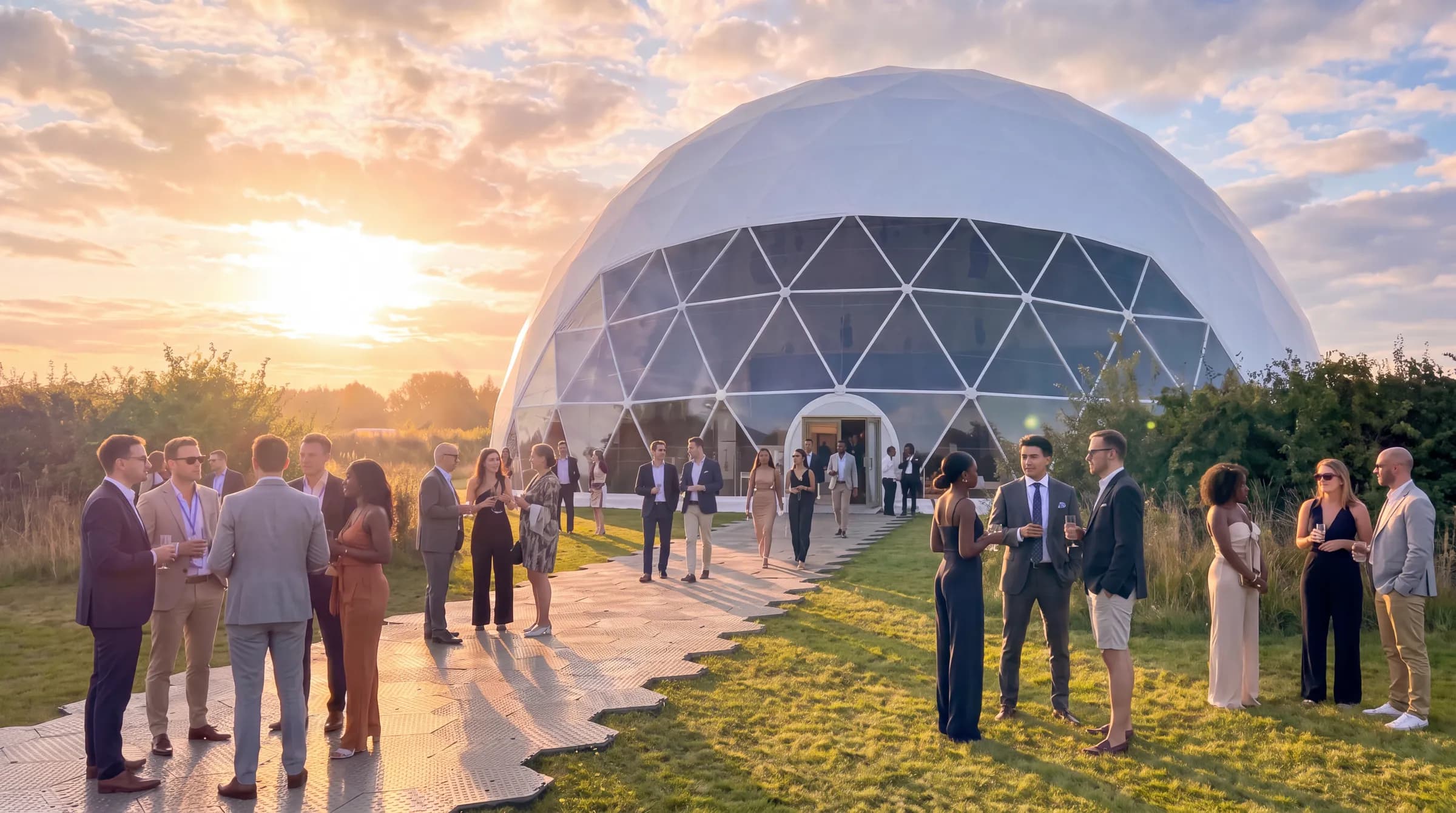 Guests in cocktail attire mingling at sunset outside a large white geodesic event dome with a clear lower section