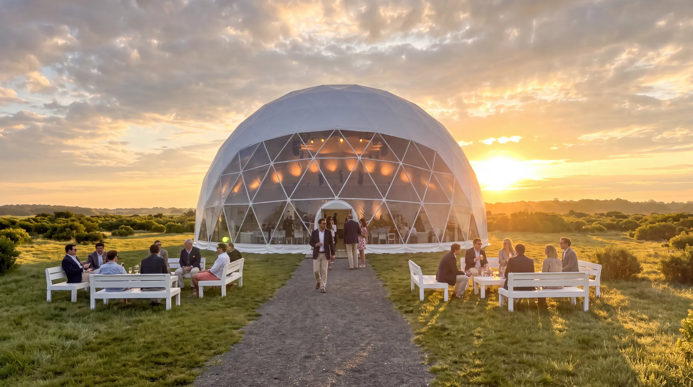 Geodesic event dome at sunset